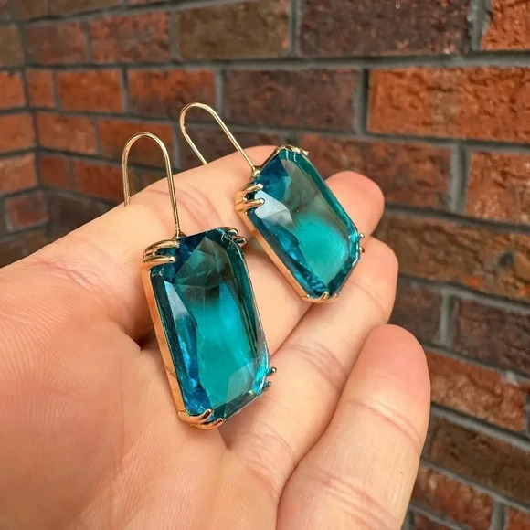 Aquamarine Crystal Gold Hook Earrings - Picture 9 of 9